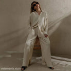 Wrinkled beige Ava Casual Set featuring long sleeve top and straight leg pants two piece set