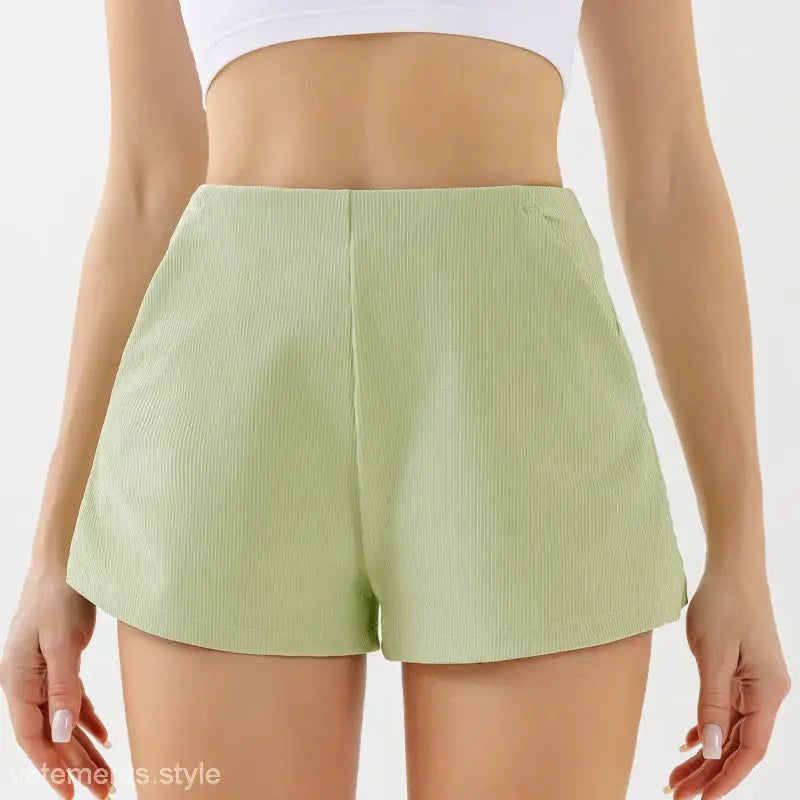 Pale green textured fabric avocado green high waist yoga shorts for ultimate comfort