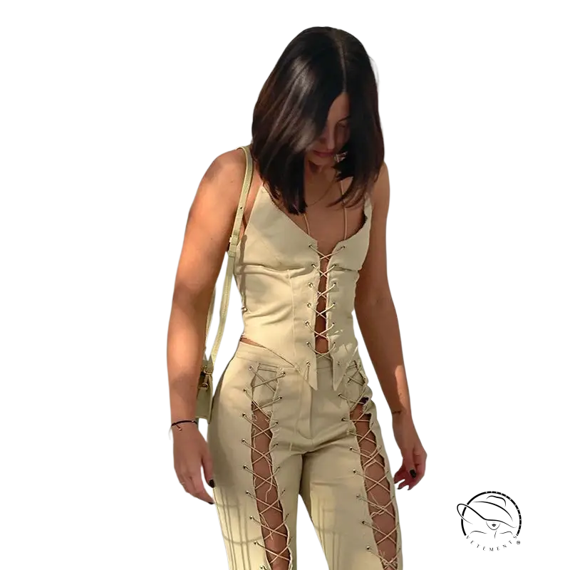 Pale yellow lace-up jumpsuit with revealing cutouts worn by woman, perfect for cowgirl bandage corset style
