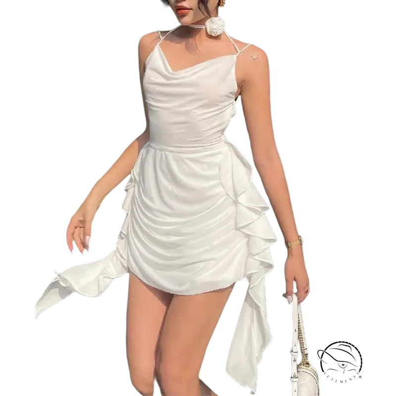 White backless slim fit moon party dress with ruffles and asymmetrical design