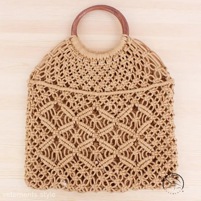Beautiful handmade beige macrame tote with camel brown handle