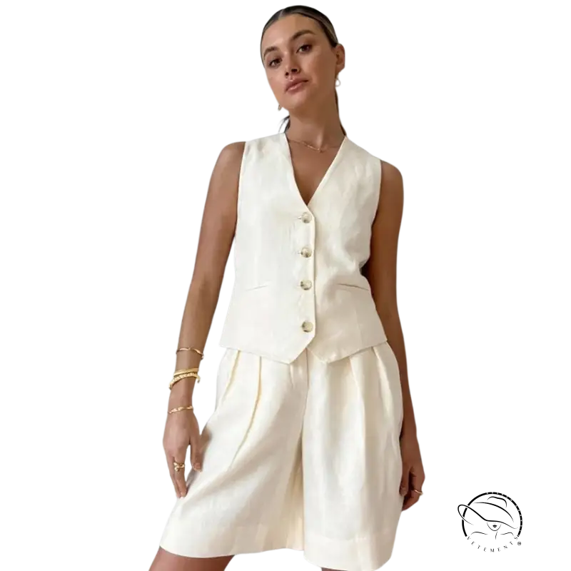 Cotton linen sleeveless top in white vest and shorts set