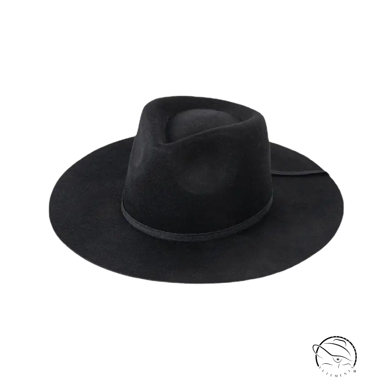 Black wide-brim sun hat with ribbon bow band and pinched crown