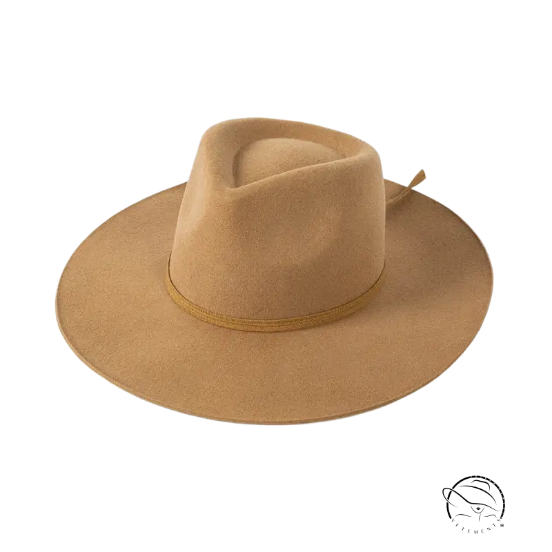 Tan wide-brim sun hat with elegant ribbon bow band