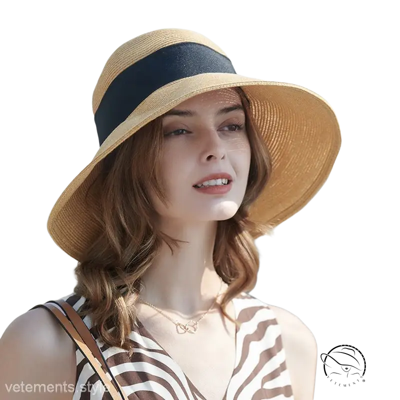 Beige wide-brim sun hat with khaki and orange decorative band