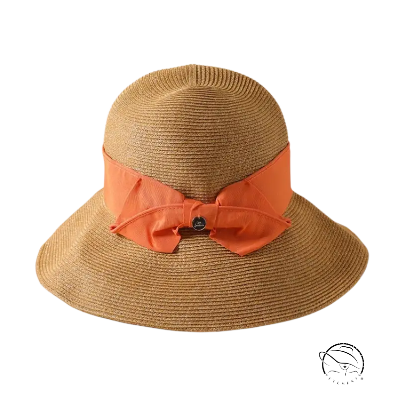 Beige wide-brim sun hat with khaki and orange decorative band