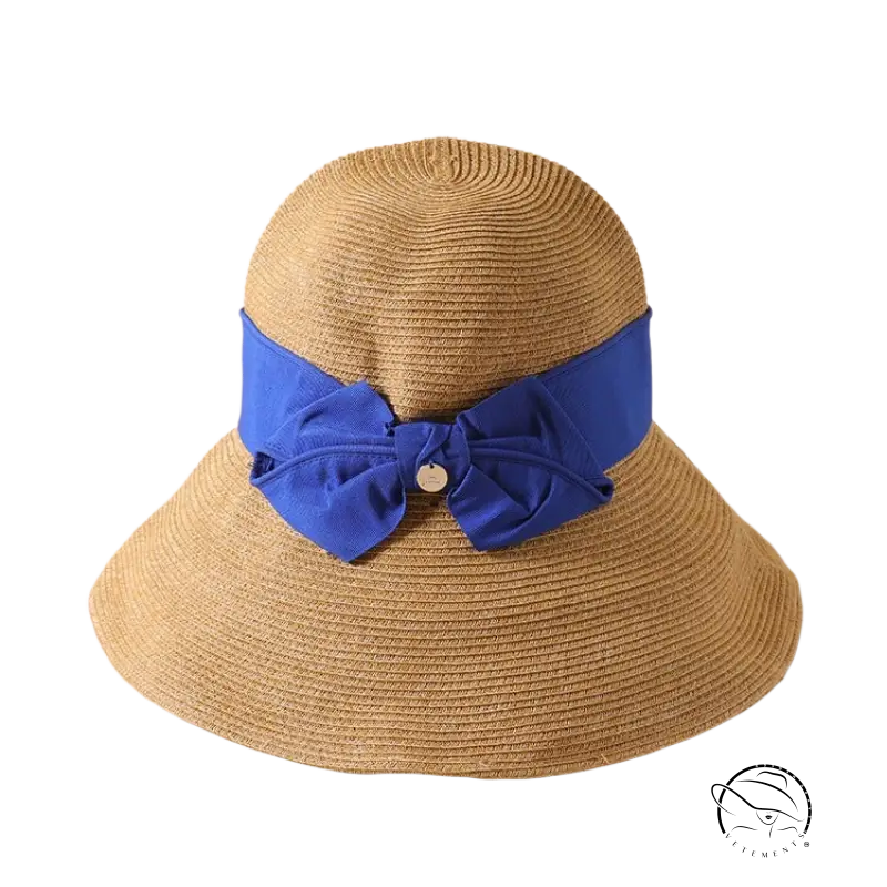 Beige wide-brim sun hat with khaki decorative band and orange accents