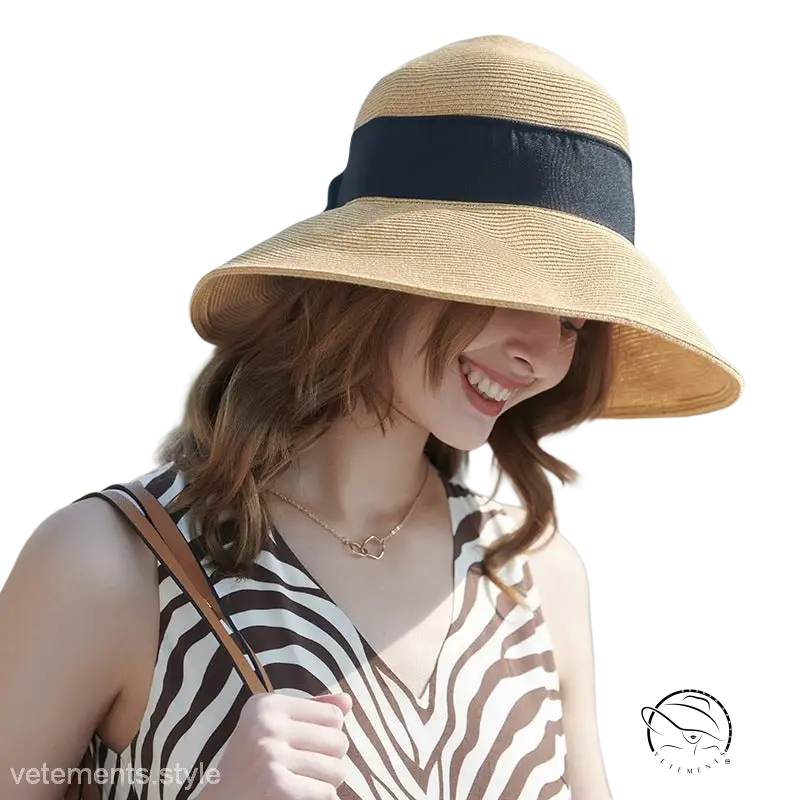 Beige wide-brim sun hat with khaki and orange decorative band