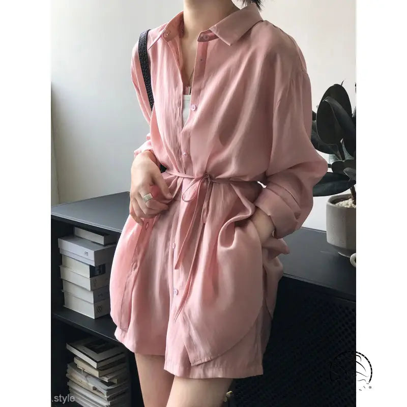 Pink oversized button-down sun protection shirt with waist tie