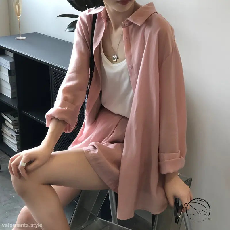 Pink belted sun protection shirt suit with shorts and top