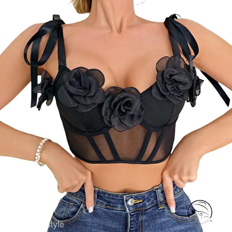 Black rose sexy corset floral mesh top with steel ring boning
