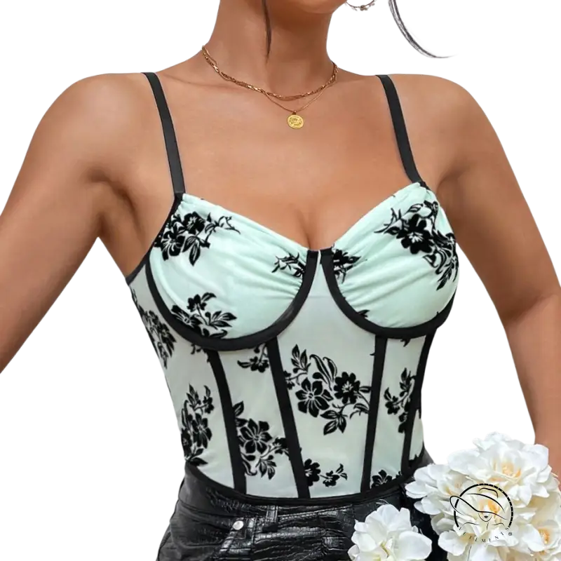 Light green boning corset with black roses floral embroidery and trim