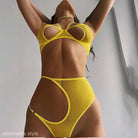 Bright yellow bikini featuring cutout designs from the Black Lace Five Piece Set
