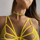 Yellow strappy top with geometric cutouts and choker for sexy lace five piece set