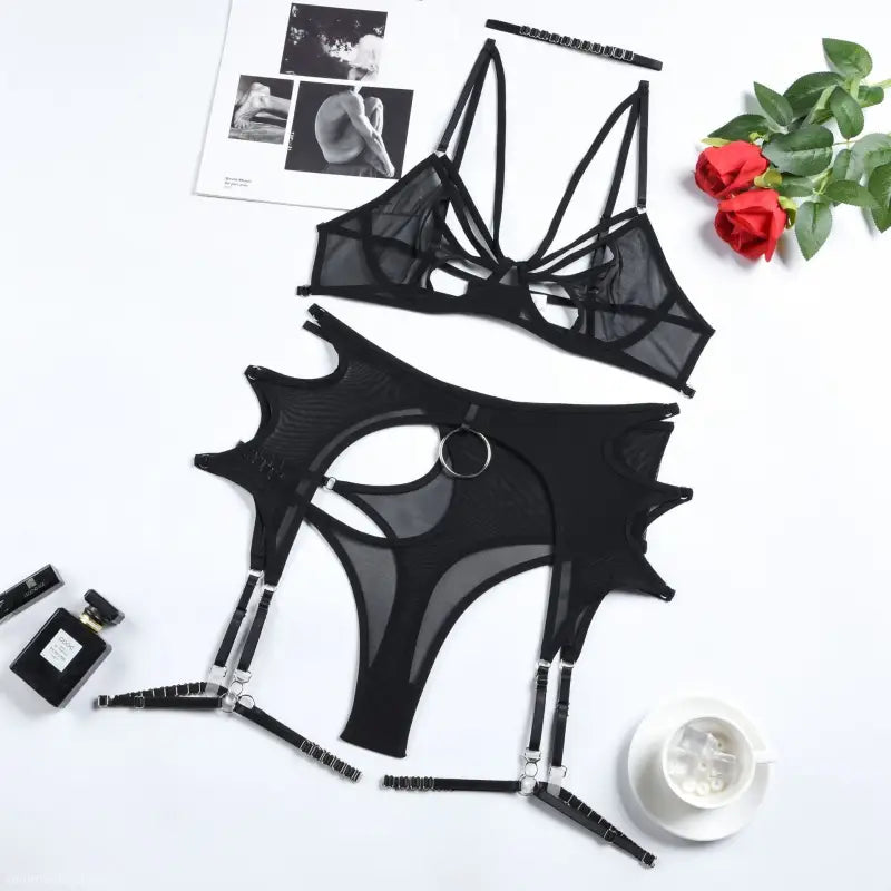 Elegant Black Lace Five Piece Set featuring a strappy bra and high-cut garter bottoms