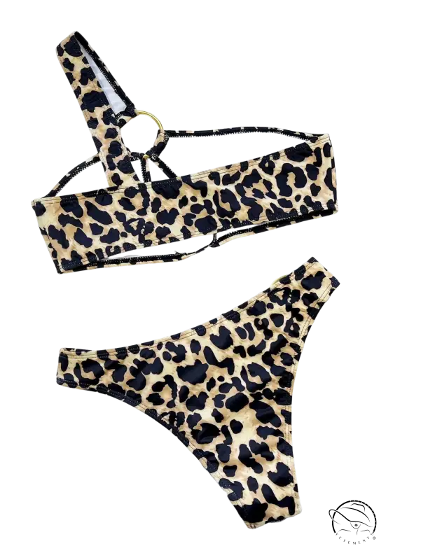Boho animal print bikini with one-shoulder top and cutout strap