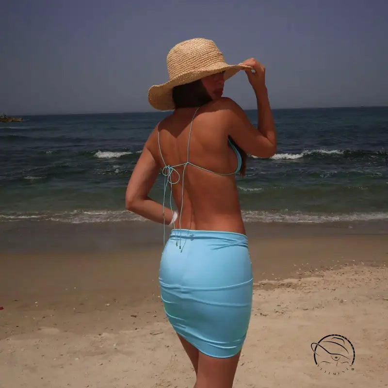 Woman in beach attire wearing bikini rope sexy Halter Top for summer vacations