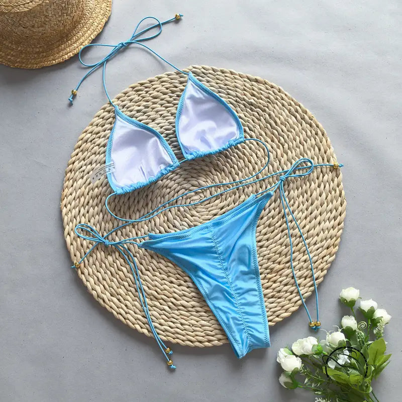 Light blue bikini rope sexy split for summer vacations displayed on Boho Bikini Rope Halter Top