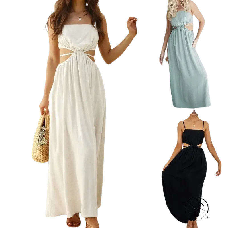Boho cami dress with waist cutouts, long flowing maxi for summer vacations