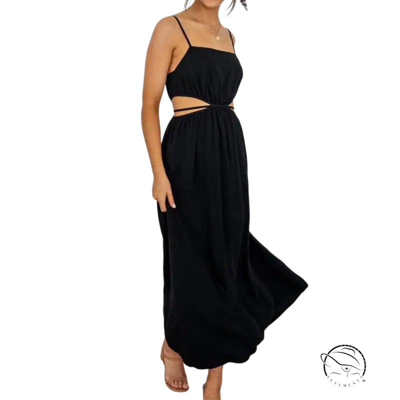 Boho cami dress: black maxi with spaghetti straps and cutout waist