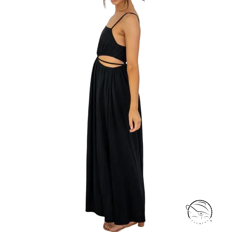 Black cami dress with spaghetti straps and waist cutout detail