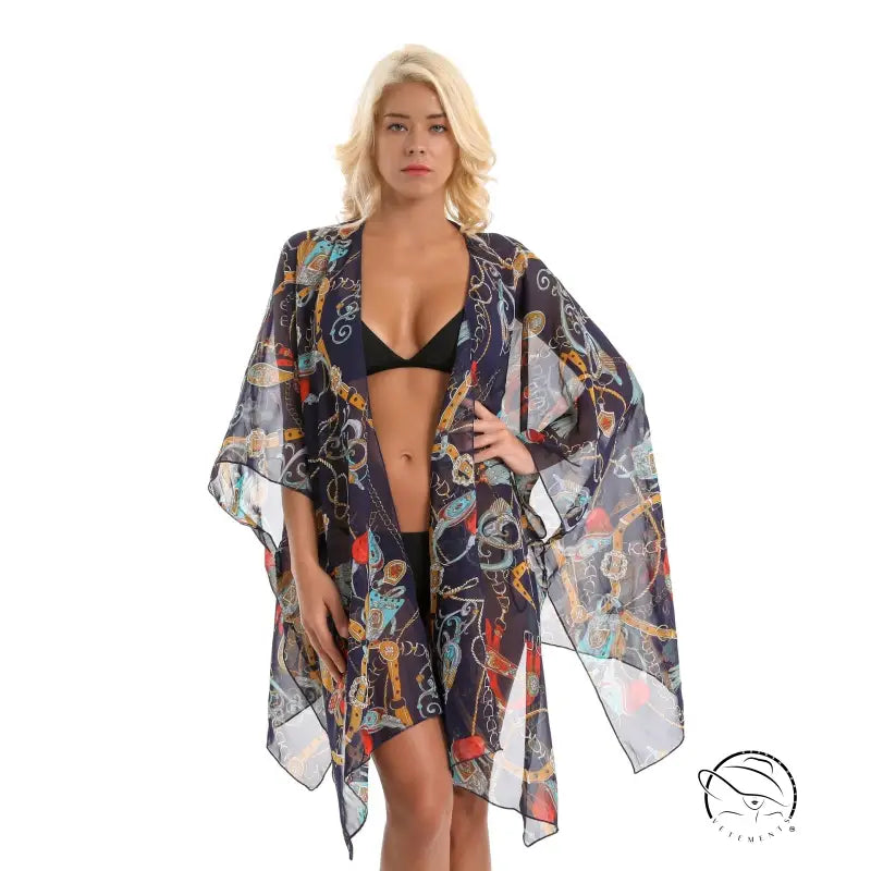 Colorful chiffon swimsuit blouse light over black bikini