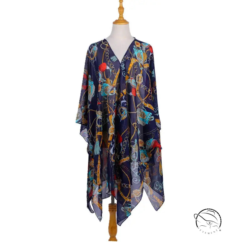 Colorful equestrian chiffon swimsuit blouse robe on navy background