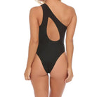 Black one-shoulder piece swimsuit with back cutout from Boho Color Block Asymmetric Swimsuit, free shipping available