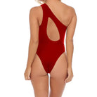 Red one-shoulder piece swimsuit with back cutout from Boho Color Block Asymmetric Swimsuit, free shipping, trendy langry style