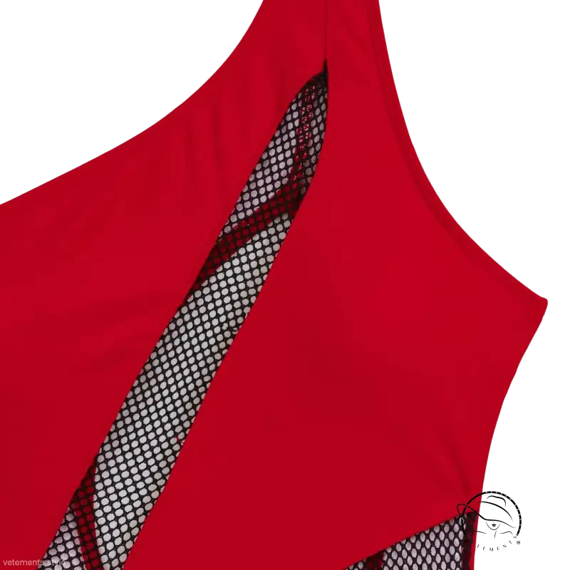 Red one-shoulder piece swimsuit with boho color block mesh paneling, free shipping by Langry
