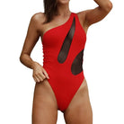 Red one-shoulder mesh cutout piece swimsuit from Boho Color Block Asymmetric Swimsuit with free shipping