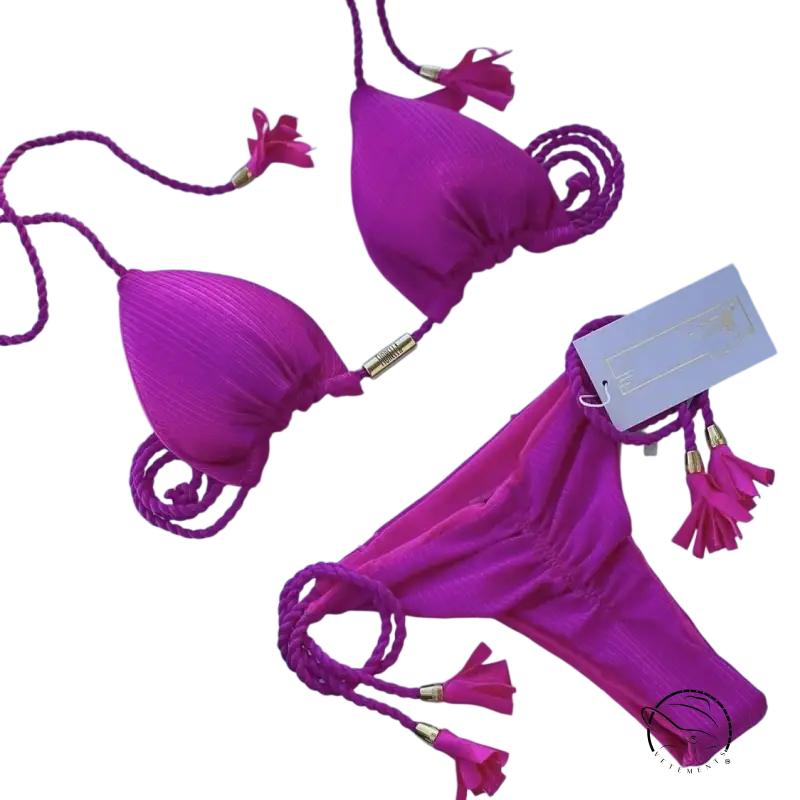 Bright fuchsia boho rope swimsuit bikini with braided ties and tassels