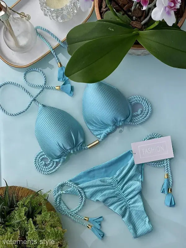 Light blue ribbed rope swimsuit bikini with braid rope ties and stylish tassels