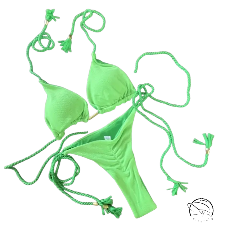 Bright green rope swimsuit bikini with braided ties and tassels