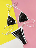 Black and white vinyl sexy single bikini, Boho Polyester Tie Strap design for summer