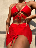 Red two-piece swimsuit from Boho Ruched Tie Strap Three Piece Bikini for summer vibes