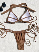 Brown tie-string bikini featuring a nylon tie halter design for a sexy swimsuit look