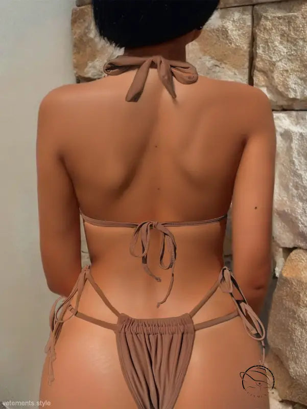Brown string bikini with sexy swimsuit strap and nylon tie halter design