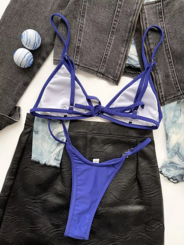 Blue sexy triangle bag swimsuit in boho summer tie strap design