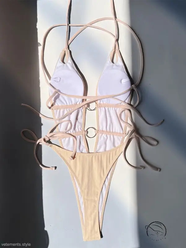 Beige one-piece swimsuit with ring details, Boho Summers polyester style, free shipping