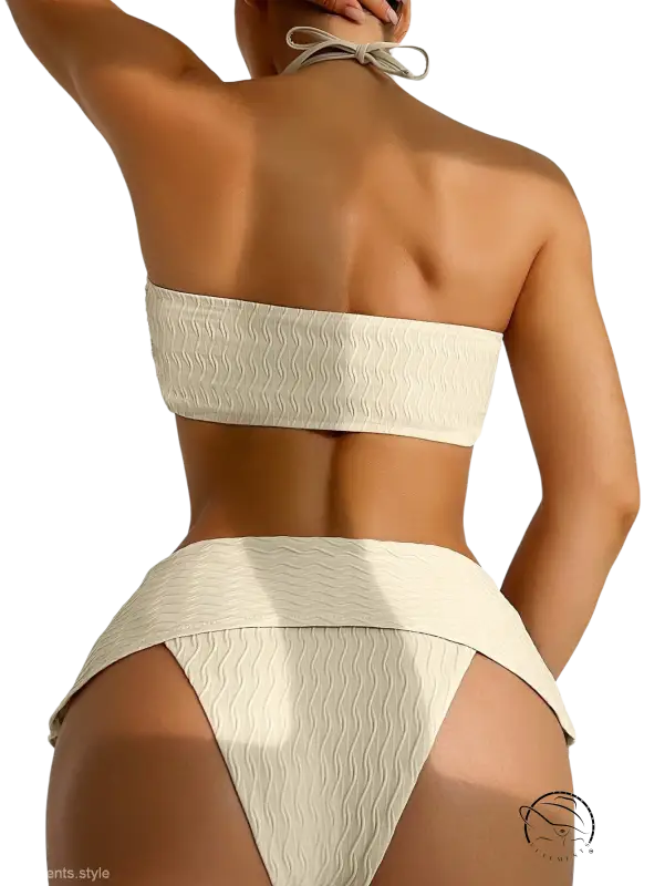 Cream-colored sexy bikini knotted halter top with wavy texture
