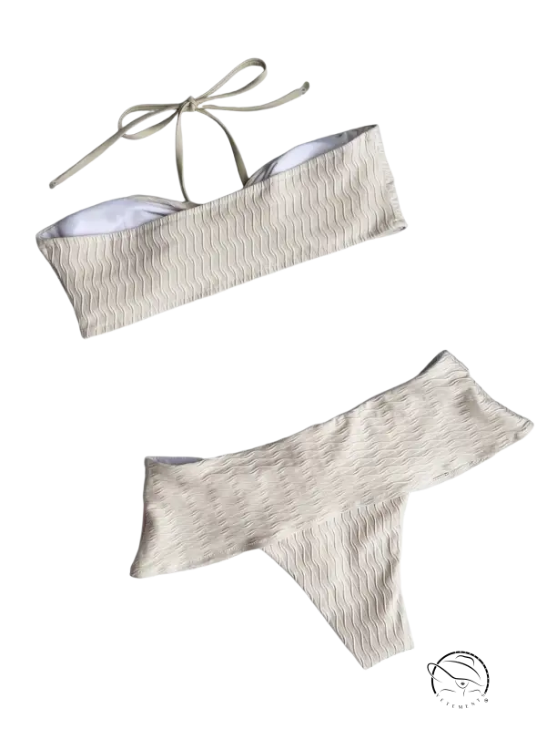 Boho textured sexy bikini knotted with beige ribbed high-cut thong