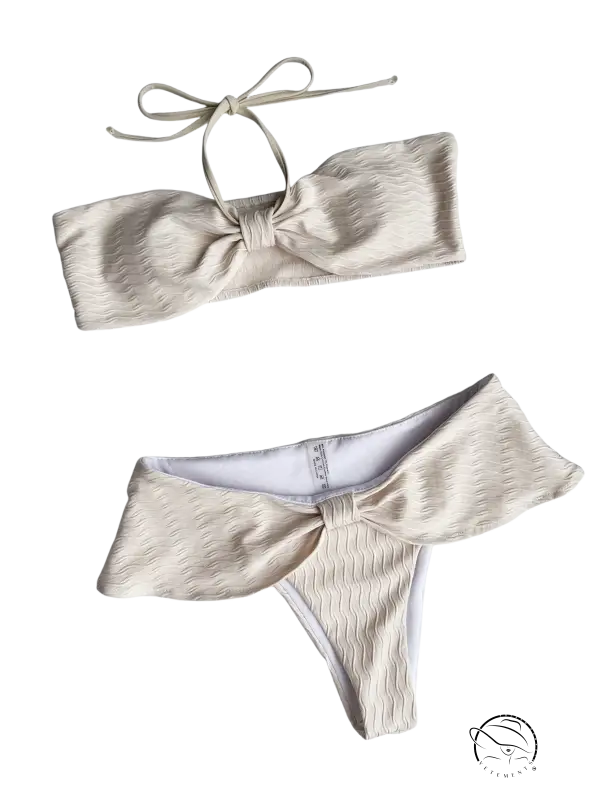 Beige sexy bikini knotted with ribbed texture and tied bow details