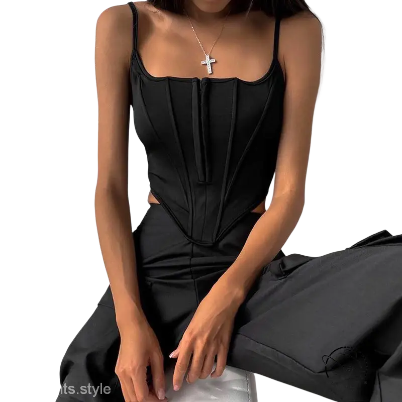 Black boning corset waist crop top with lace tied waist detail