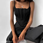 Black Boning Corset Waist Crop Top with Lace Tied Waist Detail and matching pants