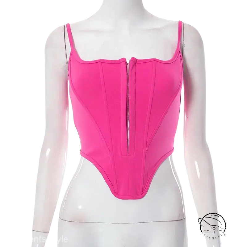 Hot pink boning corset waist crop top with lace tied waist detail
