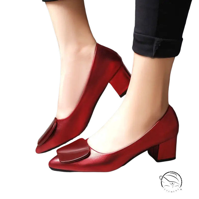 Breathable Korean heels: red patent leather block heel pumps with square toe and bow