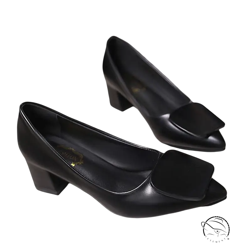 Black breathable Korean heels with square bow detail