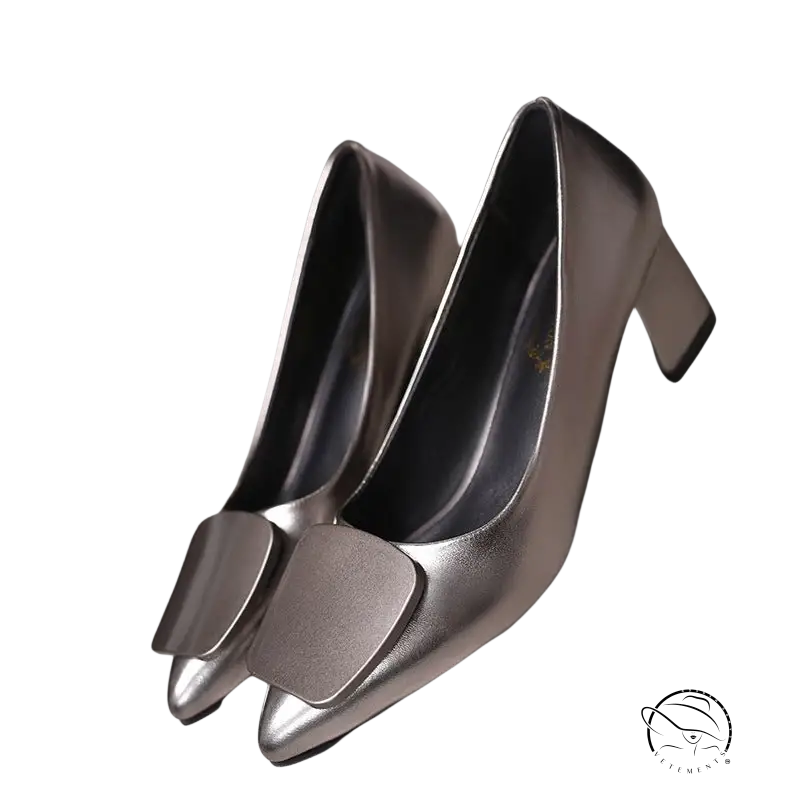 Silver breathable Korean heels with square bow detail on toe
