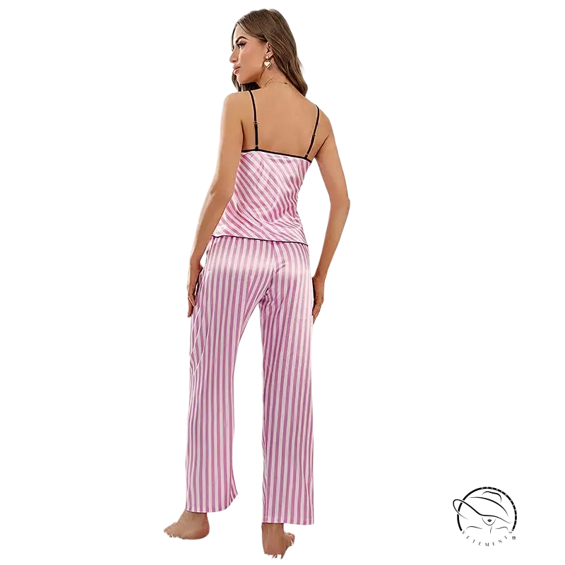 Pink and white fresh striped pajamas breathable strap vest and vest pants suit